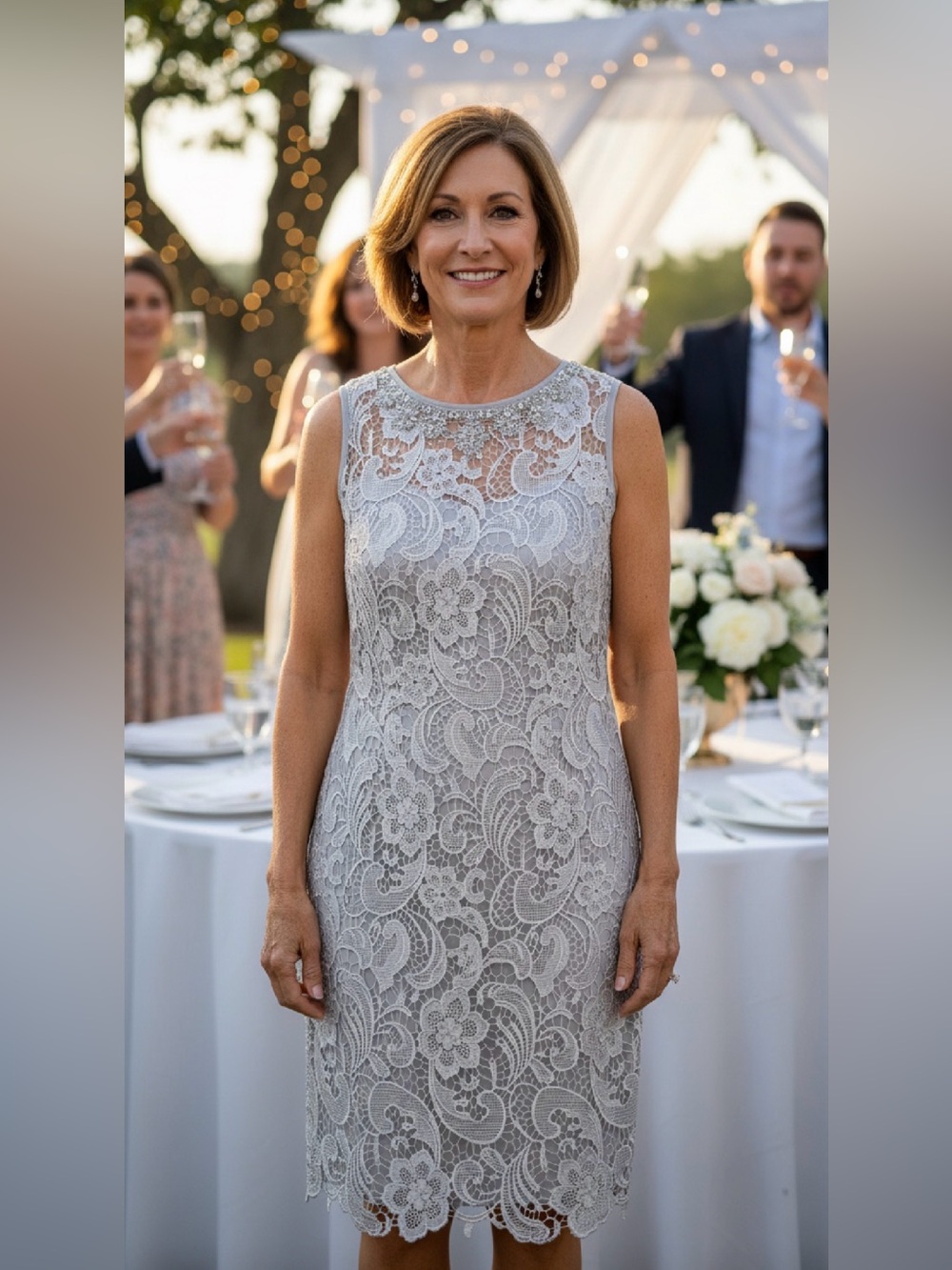 Christina Wu Silver Lace Midi Dress